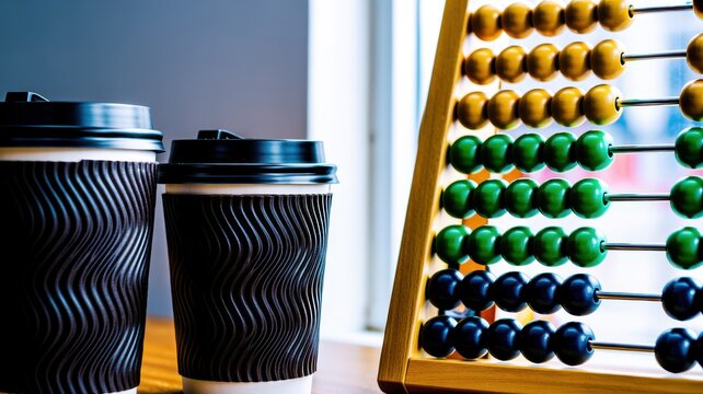 Two corrugated takeaway coffee cups beside a traditional wooden abacus on a desk