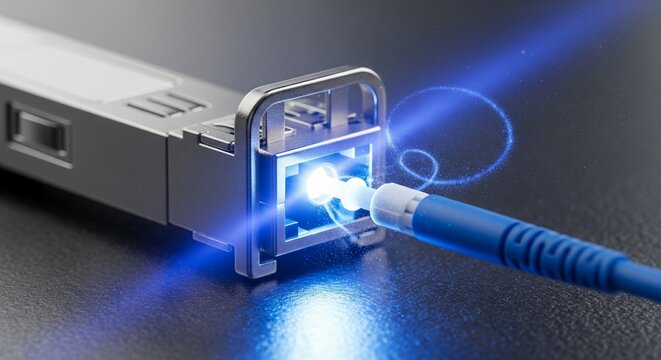 A blue fiber optic connector plug emitting a bright light beam as it approaches a silver transceiver port on a dark metallic surface