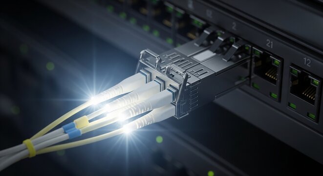 Close-up of a fiber optic transceiver module with white cables plugged into a network switch, emitting a bright white light at the connection point