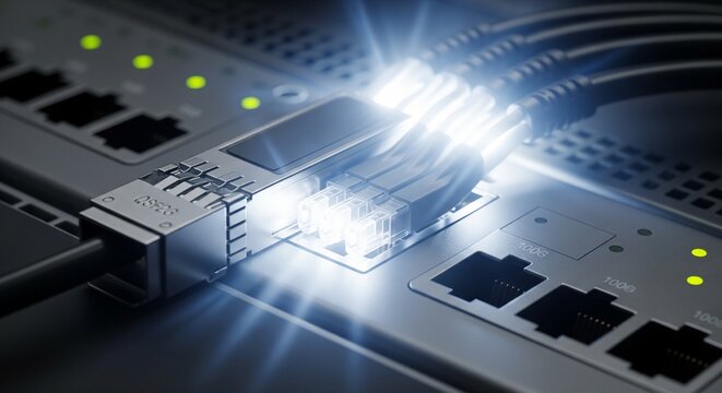 Close-up of a high-speed fiber optic or ethernet plug glowing with bright light as it connects to a network switch or internet router