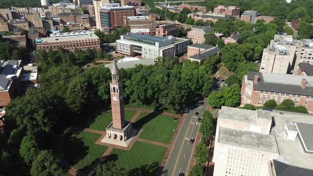 Aerial flyover view of University of North Carolina campus in Chapel Hill , North Carolina