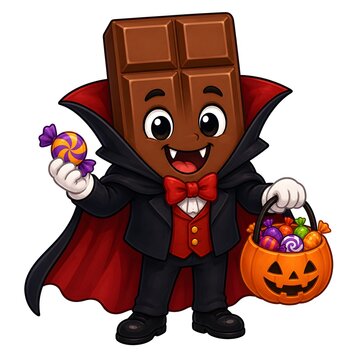 Cute Cartoon Chocolate Bar Dressed as Vampire Holding Halloween Candy Bucket Isolated on White Background