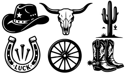 Obraz premium Vintage western cowboy icons and country symbols