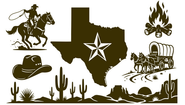 Western cowboy elements with texas state map shape