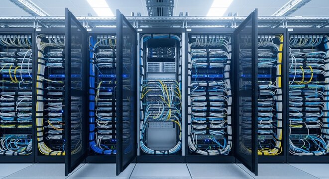Front view of open server racks filled with neatly organized blue, yellow, and white network cables and blinking equipment