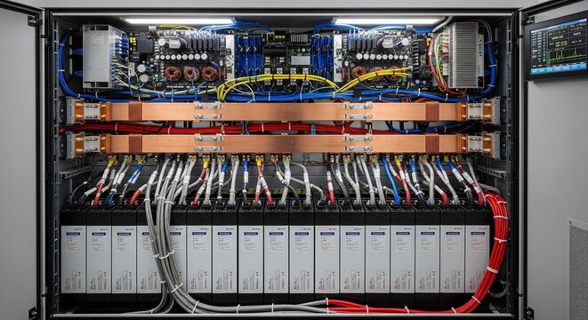 Inside of a large power backup supply system battery cabinet with thick wires, copper bars, and an control screen monitor