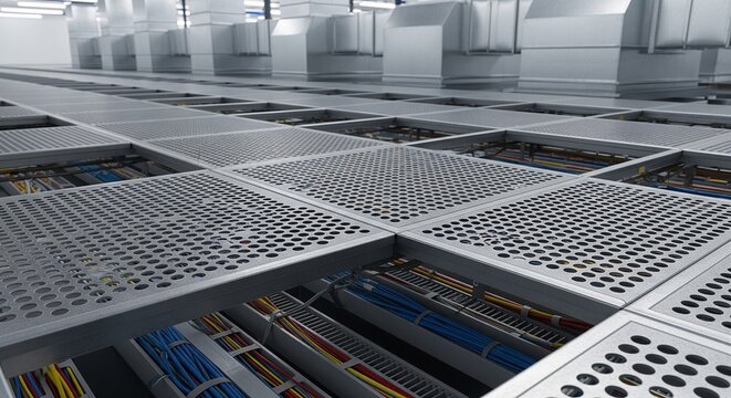 Grid floor of a cleanroom data center with colorful network cables visible underneath the metallic mesh tiles