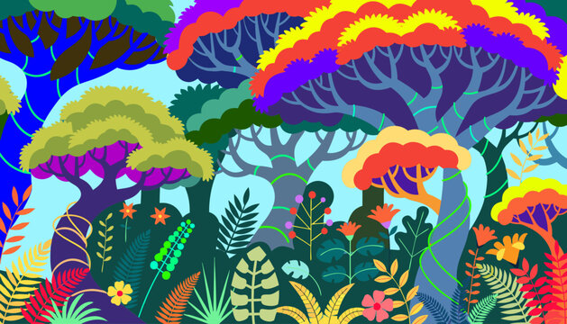 illustration, vector, tree, park, summer, beach, grass, sky, walk, nature, water, green, game, cloud, vector graphics, forest, trees, mountains, clouds, bushes, joy