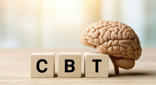 CBT cognitive behavioral therapy concept with brain model on wooden blocks