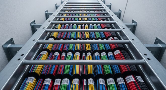 Looking up at a metal cable tray ladder attached to the ceiling, filled with neatly organized bundles of colorful wires