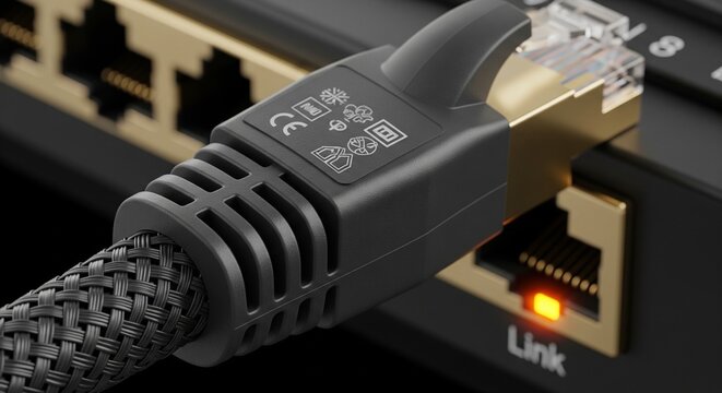Macro shot of a black ethernet lan cable with a gold-plated connector plugged into a network switch port with a glowing orange link light