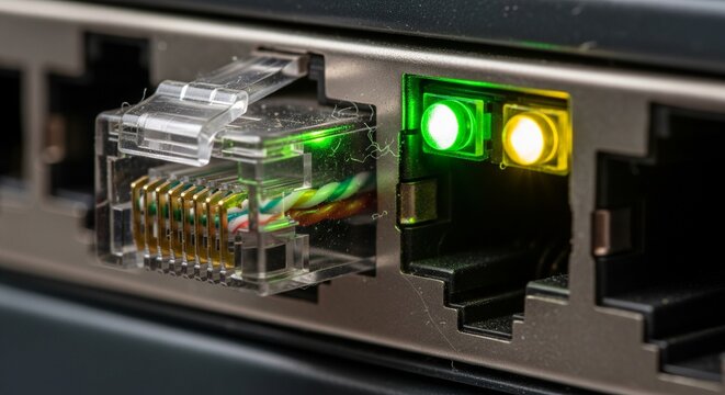 Close-up view of a clear plastic internet cable connector plugged into a network device port next to glowing indicator lights