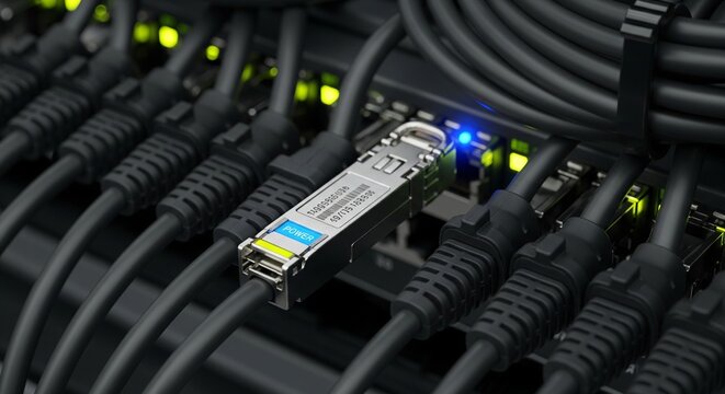 A metallic SFP transceiver module connected to a black network wire among many other server cables with blinking lights