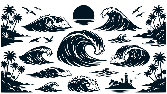 Ocean waves icons set with tropical beach scenery