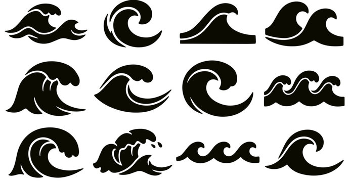 Set of black ocean wave icons and symbols