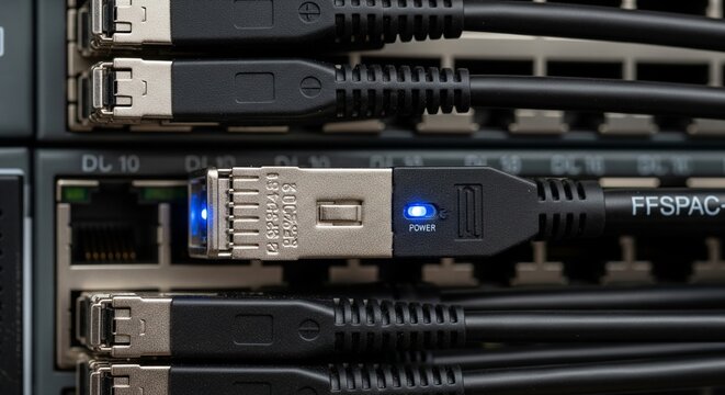 Close-up shot of a black internet cable plug with a blue power light connected into a server panel slot