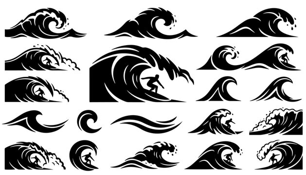 Surf waves and surfer silhouette icon set