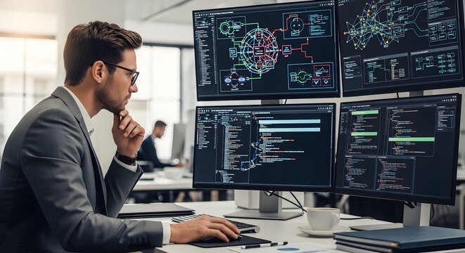 Professional software developer working on multiple computer monitors in office