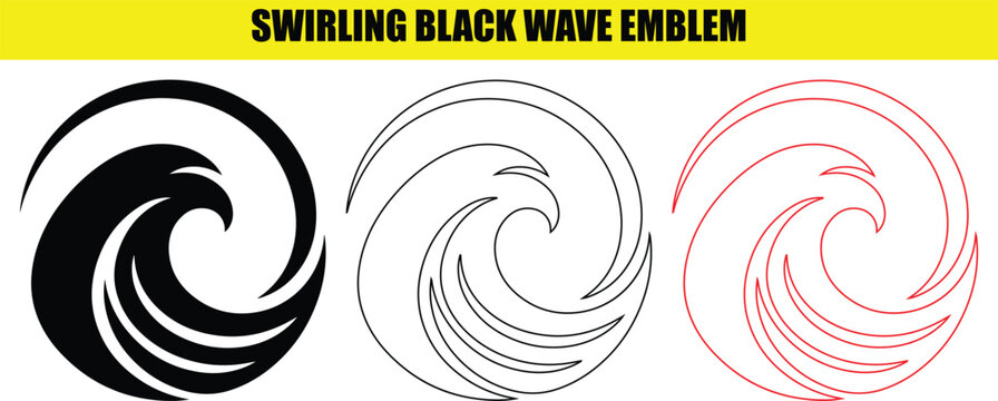 Swirling black wave emblem vector icon set featuring dynamic ocean spiral and liquid motion graphics.