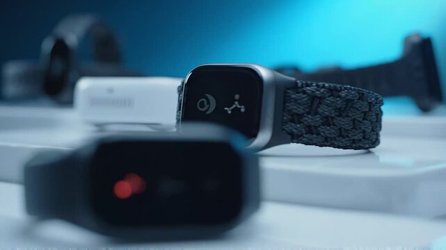 Smart fitness trackers arranged on white display pedestals with glowing icons and woven bands, rotating in cool blue studio light, showcasing sleek wearable technology and product design, screen