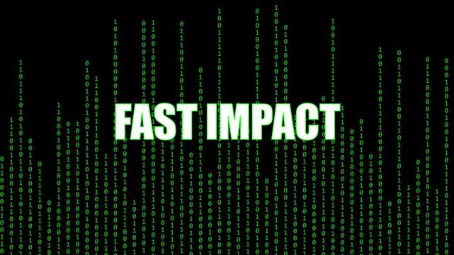 Fast impact text animation with falling green binary code matrix 4k background, digital