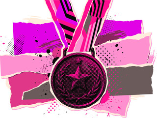 Grunge sports medal with star and laurel wreath, pink punk aesthetic trophy award, distressed collage vector illustration for gaming and competition © Dr Nadeem