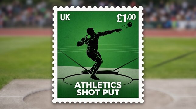 Stamp of shot put athlete UK stadium