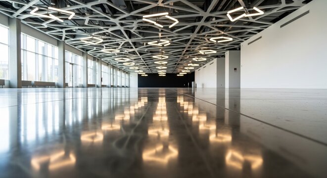 Spacious and bright empty conference hall or showroom with a highly polished glossy floor reflecting the decorative geometric ceiling lights
