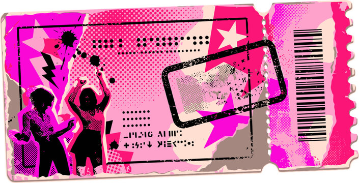 Grunge concert ticket vector with dancing silhouettes, pink punk rock event pass, vintage music festival ticket stub with barcode and stars