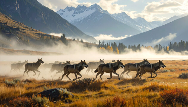 Wild wolf pack running through misty mountain valley at dawn