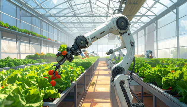 Robotic arm harvesting vegetables in modern automated greenhouse