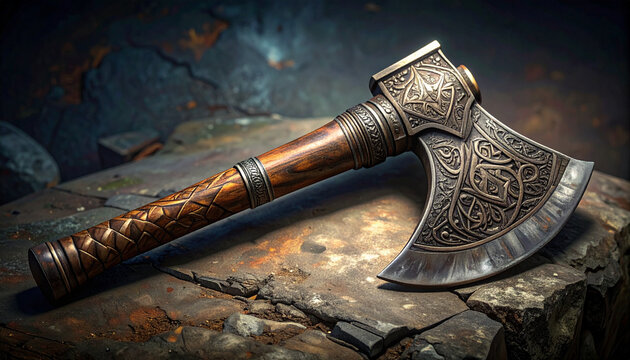 Intricately Engraved Ornate Viking Axe on Stone Background