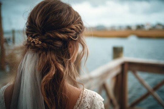 Elegant bride overlooking calm water with a romantic veil and timeless hairstyle. Ideal for bridal magazines, wedding blogs, and social media promotions.