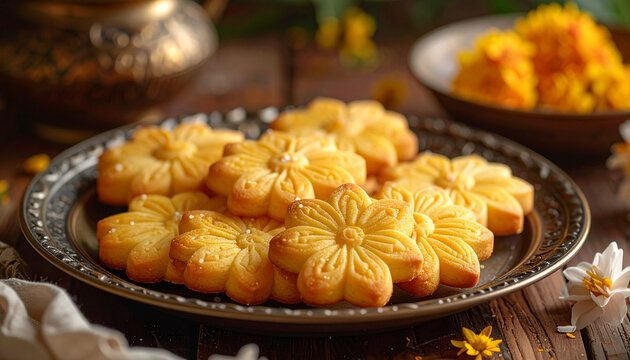 Golden Flower Shaped Butter Cookies on a Vintage Plate
