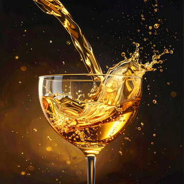 Golden Liquid Splash Pouring into a Glass with Bokeh Background