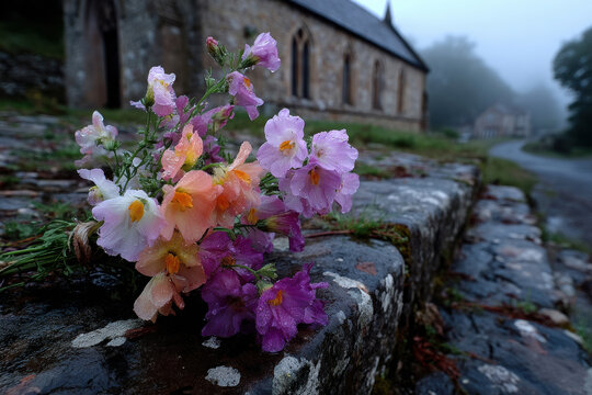 Delicate wildflower bouquet resting on an old stone wall beside a misty countryside church. Perfect for wedding editorials, venue ads, and romantic campaigns