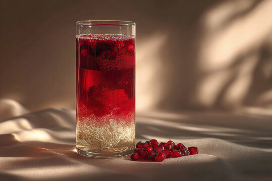 Refreshing ruby pomegranate beverage in a clear glass on a soft neutral background. Perfect for healthy lifestyle articles, packaging, and promotions