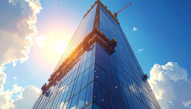 Window Cleaners Working on Modern Glass Skyscraper Facade
