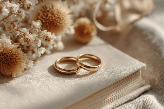Elegant gold wedding rings resting on a linen book with dried flowers in soft natural light. Perfect for wedding ads, bridal editorials, and luxury campaigns.