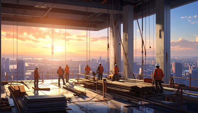 Construction workers on high-rise skyscraper at sunset city view