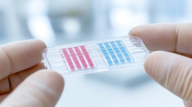 Gloved Hands Hold Advanced Microfluidic Device with Red and Blue Liquid for Medical Research, Close Up Analytical Instrumentation in Lab