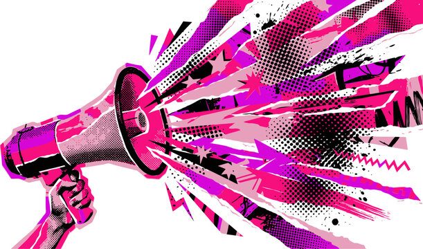 Punk rock megaphone illustration with grunge halftone textures, hand holding bullhorn with pink sound waves, edgy protest poster vector art