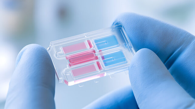 A hand in a blue glove holds a clear laboratory microfluidic chip with red and blue liquid samples, representing modern scientific investigation and analysis