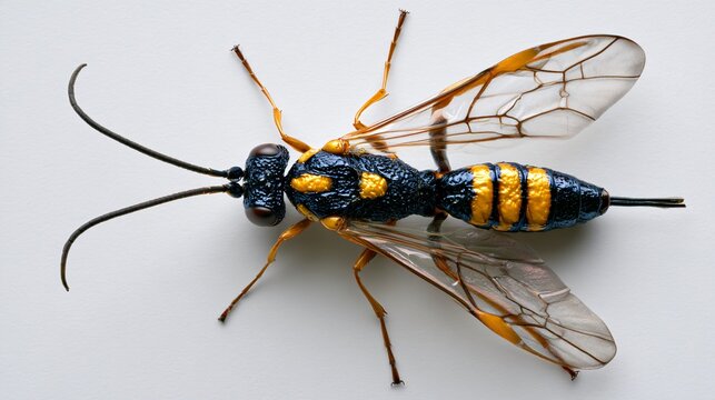 Vibrant Black and Yellow Parasitoid Wasp Genus Dusona on White Soft Background