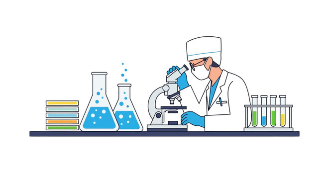 Scientist using microscope in laboratory with test tubes and flasks