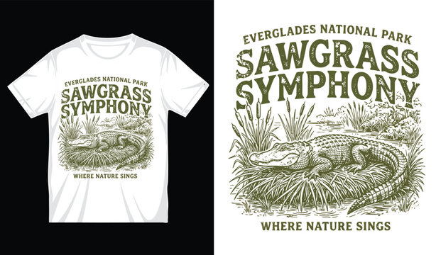 Everglades national park sawgrass symphony t shirt design with alligator resting in swamp grass vintage artistic illustration for nature lover outdoor apparel graphic.