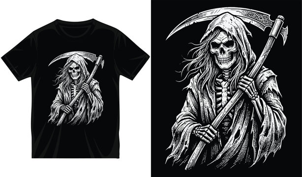 Grim reaper holding scythe, harbinger of death, skeleton in hooded cloak, gothic horror illustration for t-shirt print.