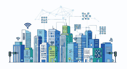 Fototapeta premium Smart city skyline with digital network connection icons