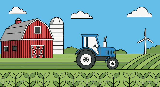Rural farm landscape with red barn and tractor.