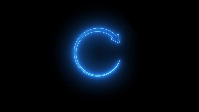 Glowing neon blue spinning circular arrow loading icon, continuous refresh, reload, or sync loop symbol for futuristic web and apps UI, motion graphic isolated on dark black background.
